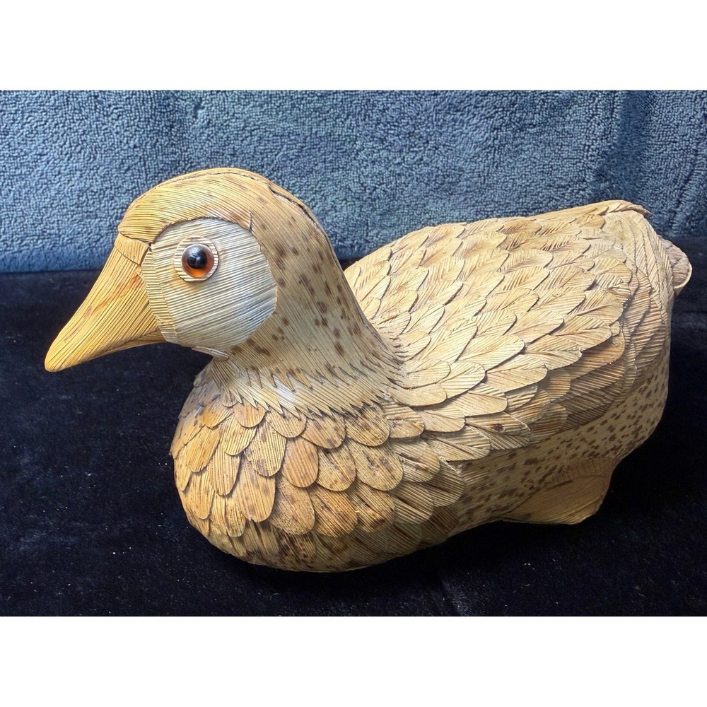 Vintage Handcrafted Corn Husk Raffia Duck Figurine Folk Art Bird Decor